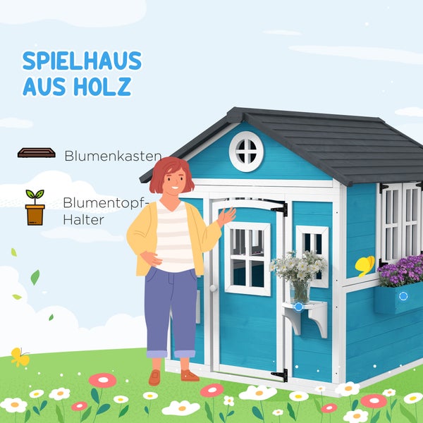 Holzspielhaus mit Fenster, Tür und Blumenkasten