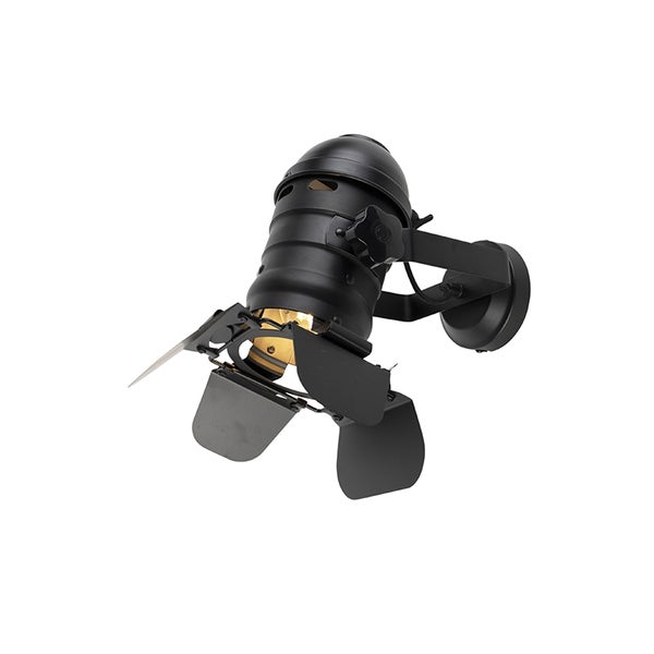 Schwarze Wandleuchte im Scheinwerferdesign mit verstellbaren Abschirmklappen.