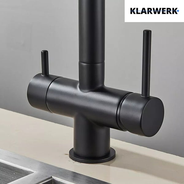Lana | 3 Wege Schwarz matt ausziehbare Armatur | Edelstahl Trinkwasser Osmose Wasserhahn Küche |Mischbatterie - 360 Grad drehbar | Filter 3 Anschlüsse