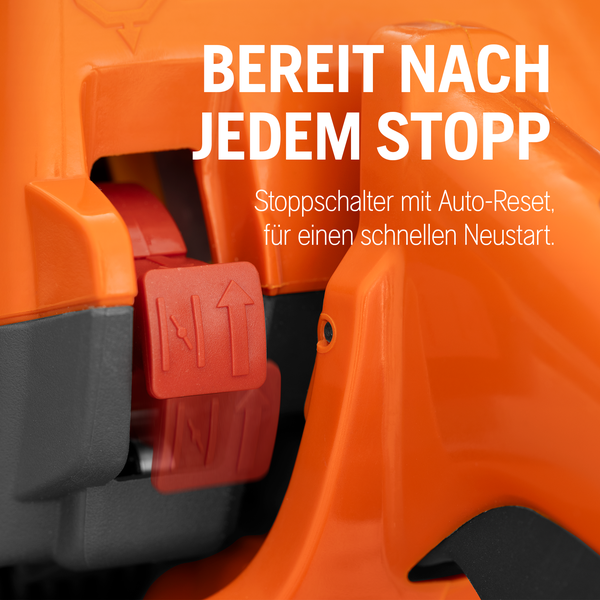 Nahaufnahme eines Stoppschalters mit Auto-Reset für einen schnellen Neustart