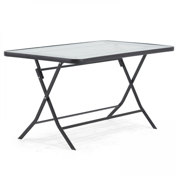 Rechteckiger Klapptisch für den Garten mit Glasplatte und schwarzem Metallgestell.