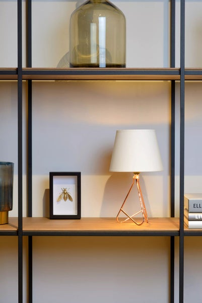 Regal mit Tischleuchte, Dekoration und Büchern