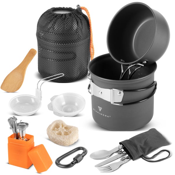 Camping Kochgeschirr-Set mit Töpfen, Geschirr, Besteck, Kocher und Zubehör für Outdoor-Aktivitäten