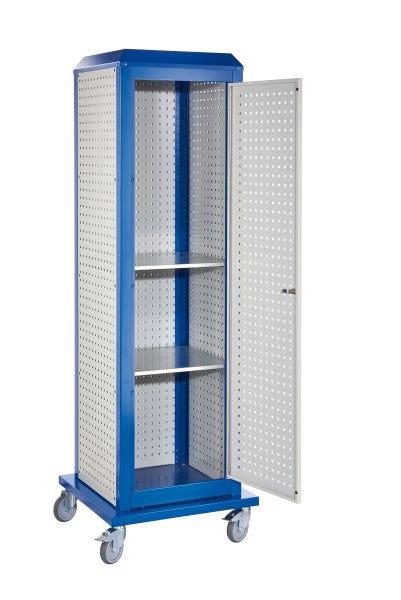 Werkstattschrank mit Lochwand und Rollen, Tür geöffnet
