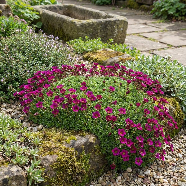 Steinbrech mit rosa Blüten wächst polsterartig in einem Steingarten zwischen Natursteinen und feinem Kiesel.