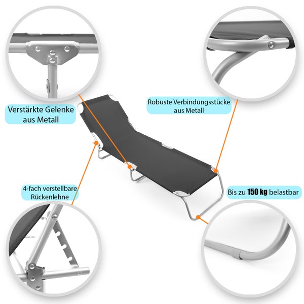 Klappliege mit Details zu Gelenken, Verbindungsstücken und verstellbarer Rückenlehne