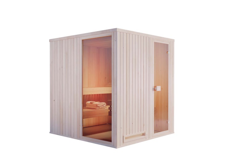Systemsauna aus Holz mit Glastür und feststehendem Fensterelement.