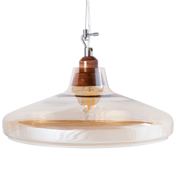 Hängeleuchte mit Glasschirm und Holzelement