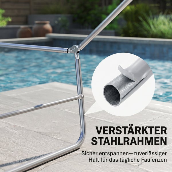 Detailaufnahme eines verstärkten Stahlrahmens für Gartenmöbel am Pool mit Einblendung der Wandstärke des Metallrohrs.