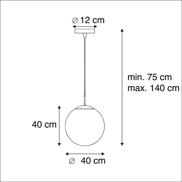 Technische Zeichnung einer Pendelleuchte mit Kugel, Durchmesser 40 cm, minimale Höhe 75 cm, maximale Höhe 140 cm, Rosette Durchmesser 12 cm