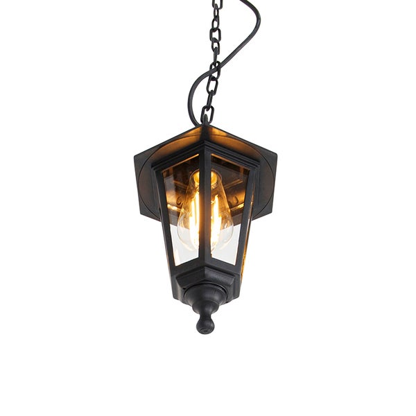 Schwarze Außenhängeleuchte aus Metall und Glas in Laternenform mit Kette und sichtbarem Leuchtmittel.