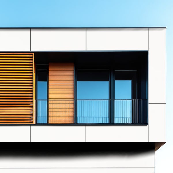 Detailansicht eines modernen Gebäudes mit Fassadenverkleidung, Fenster und Balkon.