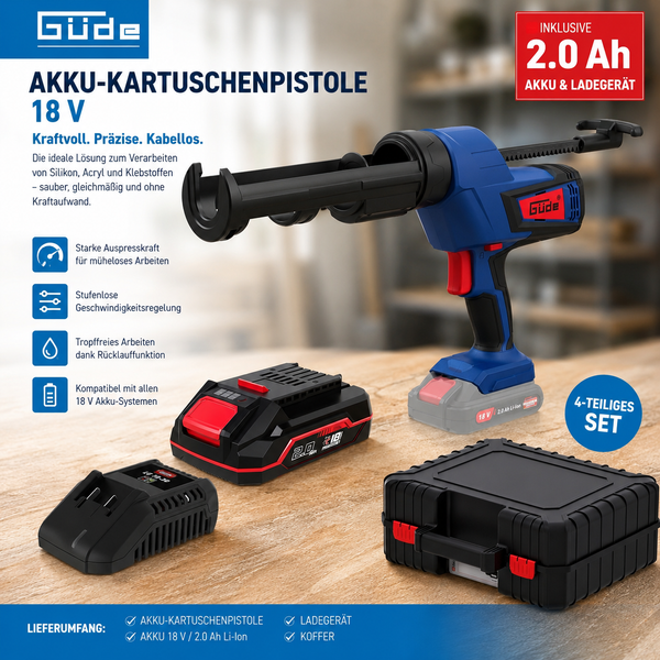 Güde Akku-Kartuschenpistole 18 Volt Set mit 2,0 Amperestunden Lithium-Ionen Akku, Ladegerät und Transportkoffer.