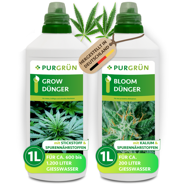 Zwei Flaschen Purgrün Grow und Bloom Dünger mit je 1 Liter Inhalt für Pflanzenwachstum und Blütenphase aus deutscher Herstellung.