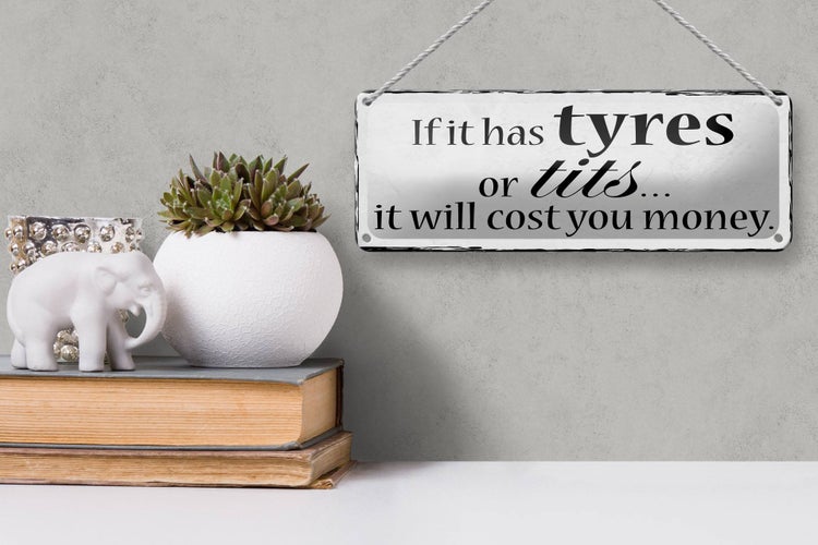Blechschild Spruch 27x10cm if has tyres or tits will cost Dekoration