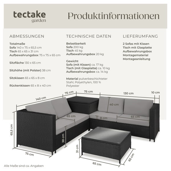 Rattan Lounge tectake Siena mit Sicherheitsglasplatte für 4 Personen schwarz/grau