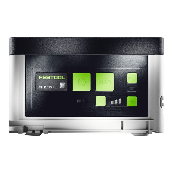 Bedienfeld des Festool Akku-Saugers CTLC SYS I mit Tasten für Ein und Aus, manuellen Betrieb, Saugkraftregulierung und Bluetooth-Verbindung.