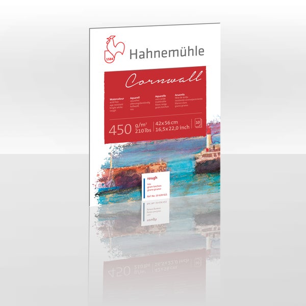 Hahnemühle Cornwall Aquarellblock, 450 Gramm pro Quadratmeter, 42 mal 56 Zentimeter, rau, hellweiß, säurefrei, 10 Blatt. Hahnemühle Logo.