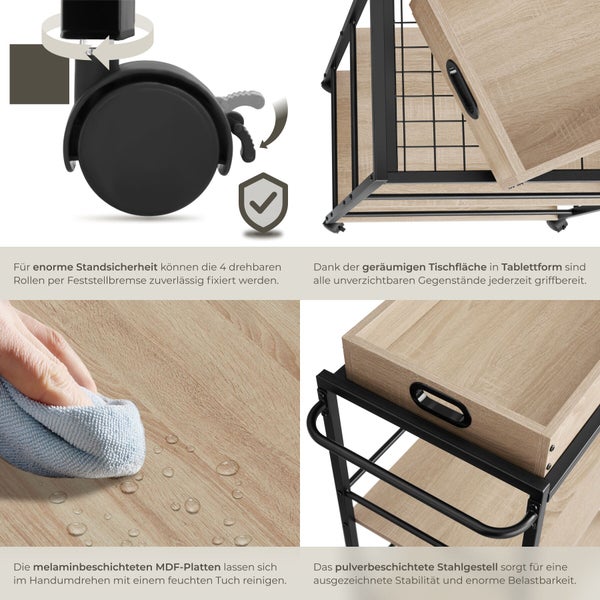 Produktdetails des Servierwagens: Rollen, Tischfläche in Tablettform, Reinigung und Stahlgestell