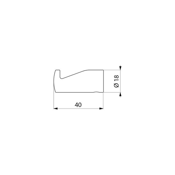 Masszeichnung eines Wandhakens mit einer Länge von 40 Millimetern und einem Durchmesser von 18 Millimetern.