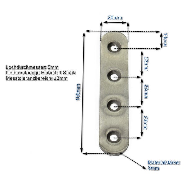 Flachverbinder aus Metall mit 100 Millimeter Länge und vier Senkbohrungen inklusive Maßzeichnung für die Montageplanung.