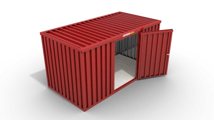 Lagercontainer Gerätehaus L  – 8 qm, H2150 x B4050 x T2170 mm, Außenwandlackierung RAL 3000 feuerrot, Dach außen verzinkt, mit Holzfußboden, 1270 mm Einflügeltür mittig in Breitseite, montiert