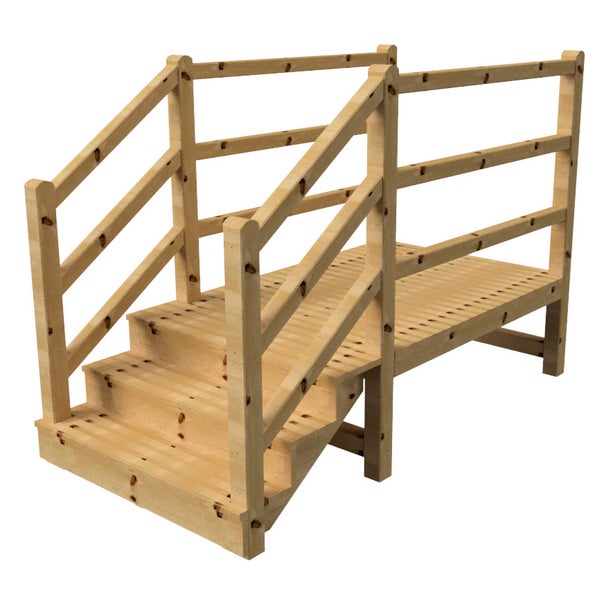 Holztreppe mit Geländer und Plattform