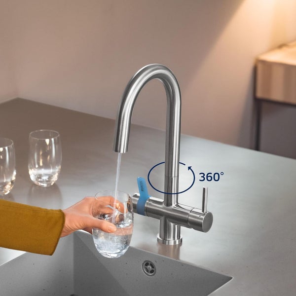 BRITA 3-Wege-Küchenarmatur (Edelstahl, rund) inkl. 1 x BRITA P 1000 Wasserfilter – Küchenarmatur für gefiltertes und ungefiltertes Wasser direkt aus der Leitung