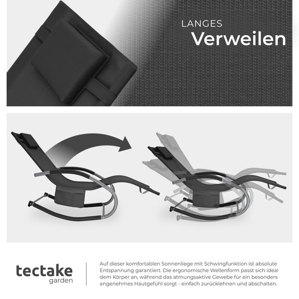 Gartenliege tectake Taya abnehmbares Kopfpolster, seitliche Aufbewahrungstasche ergonomisch, mit Komfort-Schwingbewegung schwarz