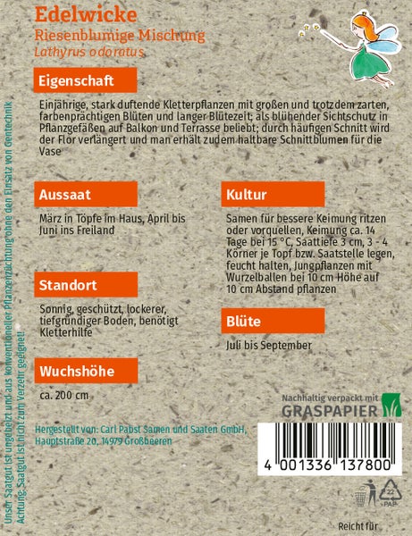 Rückseite einer Samentüte für Edelwicke Riesenblumige Mischung mit Anbauhinweisen und Hinweis auf nachhaltige Verpackung aus Graspapier.