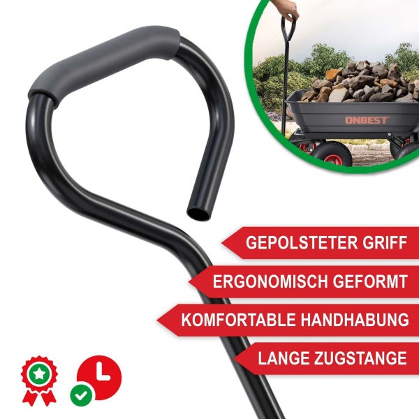 Gepolsterter, ergonomisch geformter Griff einer langen Zugstange für einen Transportwagen mit ONBEST Logo, Symbole für Qualität und Größe.