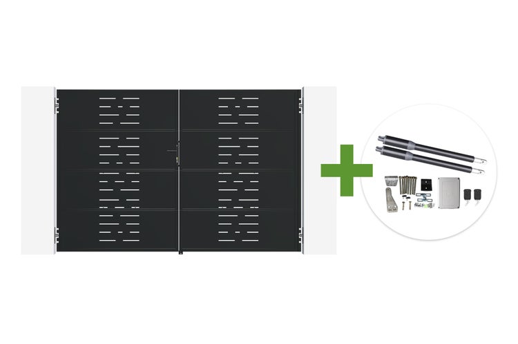 Doppelflügeltor aus Metall mit Schlitzdesign inklusive elektrischem Drehtorantrieb und Montagezubehör