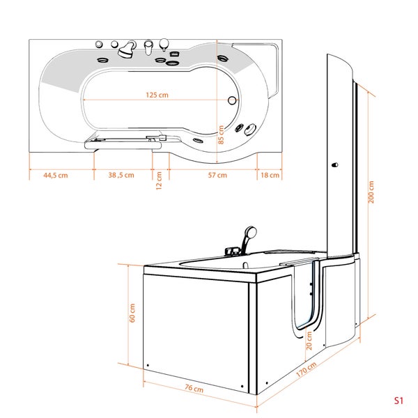 Maßzeichnung einer barrierefreien Badewanne mit Duschwand, Maße 170 Zentimeter Länge, 60 Zentimeter Höhe und 200 Zentimeter Gesamthöhe.
