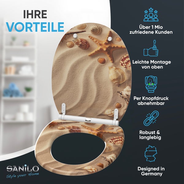 Toilettensitz mit Strandmotiv, Seestern und Muscheln. Über 1 Million Kunden, Montage von oben, abnehmbar, robust, Design aus Deutschland. Sanilo Logo.