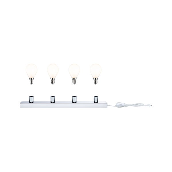 Spiegelleuchte mit vier E14 Fassungen, Metallgehäuse in Chrom Optik, inklusive Leuchtmittel und weißem Kabel mit Schalter und Stecker.