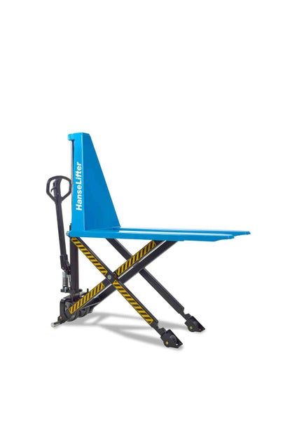 Scherenhubwagen HanseLifter in Blau mit schwarzen Scherenstreben und gelben Warnmarkierungen für den manuellen Palettentransport.