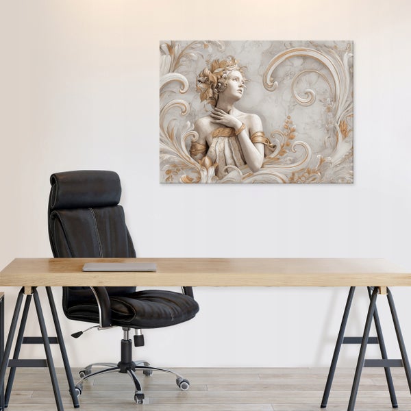 Dekorative Leinwand mit Frauendarstellung und floralen Ornamenten über einem Schreibtisch mit Bürostuhl