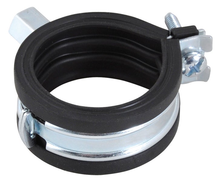 Rohrschelle aus Metall mit schwarzer Gummieinlage und einer Verschlussschraube.