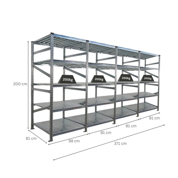 Metallregal mit den Maßen 371 cm Länge, 200 cm Höhe und 81 cm Tiefe. Jedes Fach trägt bis zu 200 kg.