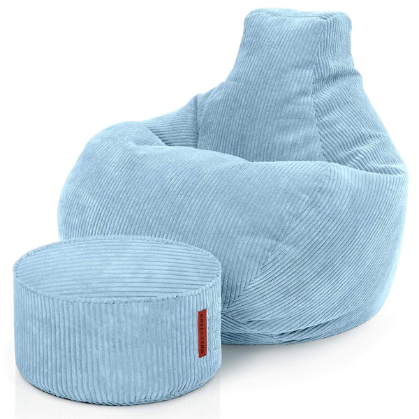 Green Bean Sitzsack mit Hocker aus Cord - Sitzsäcke für das Wohnzimmer, Schlafzimmer, Sitzsack-Sessel für Erwachsene Hellblau