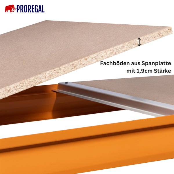 Proregal Logo. Regalböden aus Spanplatte mit 1,9 cm Stärke.