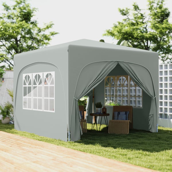 Outsunny Pavillon 3x3m, wasserabweisend Stabil Winterfest Pop-up Faltpavillon, UV Schutz 50+, Faltbar Partyzelt Gartenzelt mit 4 Seitenteilen Tasche Gartenpavillon für Camping Garten, Hellgrau