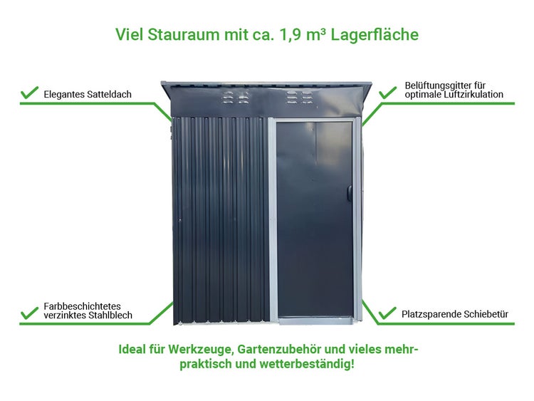 Gerätehaus aus Metall mit Satteldach, platzsparender Schiebetür, Belüftungsgittern und circa 1,9 Kubikmetern Lagerfläche.