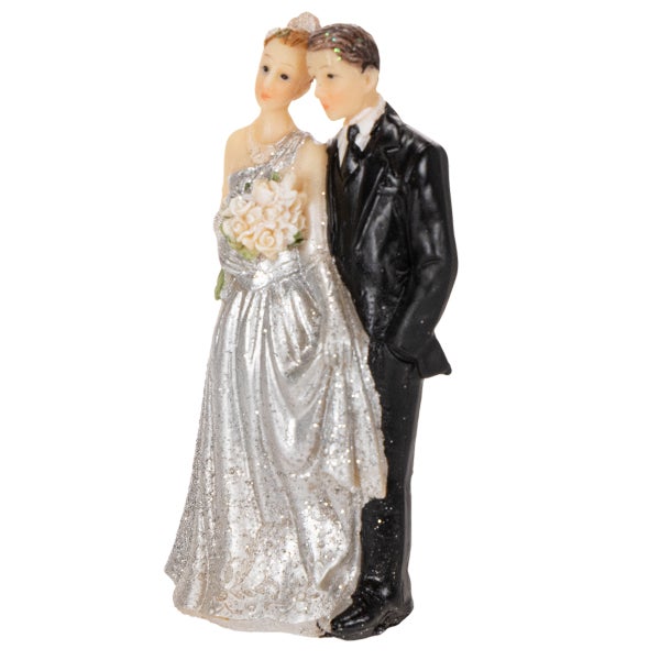 Tortenfigur Hochzeitspaar, Braut im silbernen Glitzerkleid und Bräutigam im schwarzen Anzug.