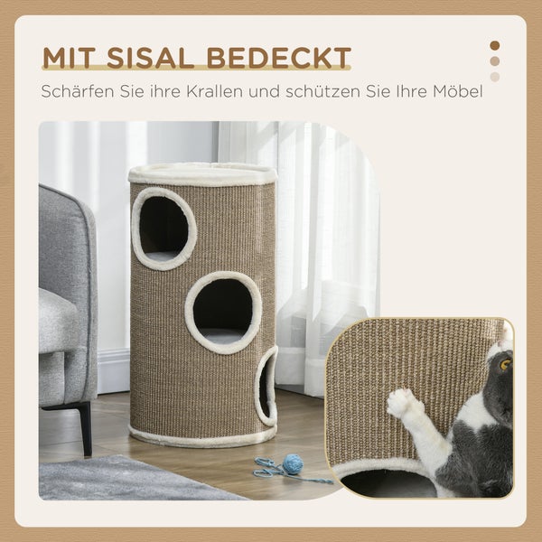 PawHut Kratztonne, Höhe 70 cm, Spieltonne für Katzen, 3 Ebenen, Katzenkratzbaum mit 3 Höhlen, Katzenbaum, Kratzturm aus Sisal, Katzenmöbel, Plüsch, Braun