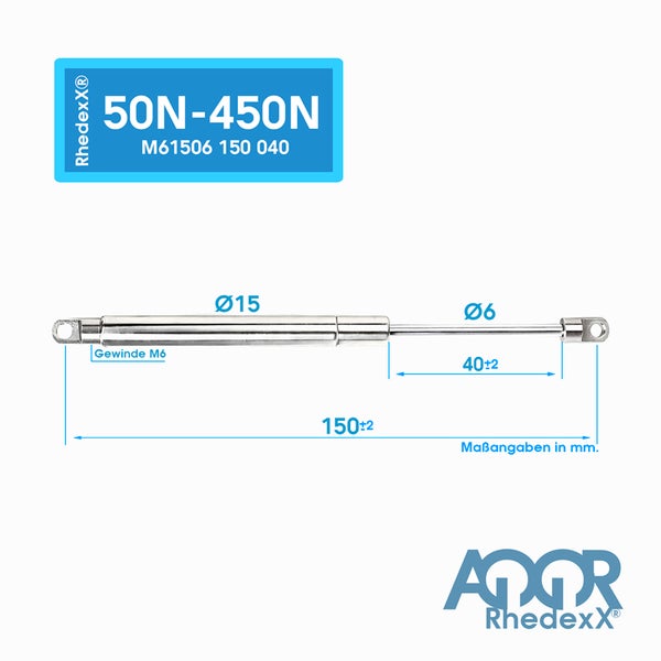 Gasdruckfeder Rhedexx 50 bis 450 Newton mit M6 Gewinde, 15 Millimeter Durchmesser und 150 Millimeter Gesamtlänge sowie Rhedexx Logo.