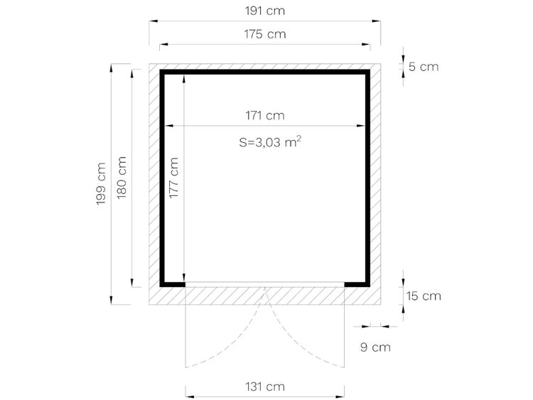 Grundrisszeichnung eines Gartenhauses mit Maßen: 191 mal 199 Zentimeter Außenmaß, 3,03 Quadratmeter Grundfläche und 131 Zentimeter Türbreite.