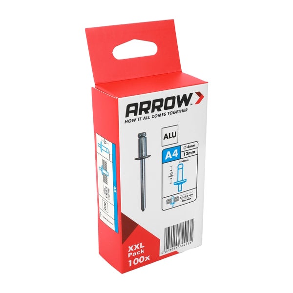 Arrow Blindnieten aus Aluminium, 4 mal 12 Millimeter, XXL-Packung mit 100 Stück.
