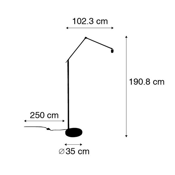Technische Zeichnung einer Stehlampe mit den Maßen: 102,3 cm breit, 190,8 cm hoch, Kabellänge 250 cm und Durchmesser des Lampenfußes 35 cm.