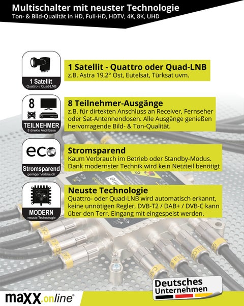 Multischalter 8 Teilnehmer & 1 Satellit, Quad- & Quattro LNB tauglich, kein Netzteil notwendig, DVB-S Multiswitch 5/8 mit eco Sparmodus